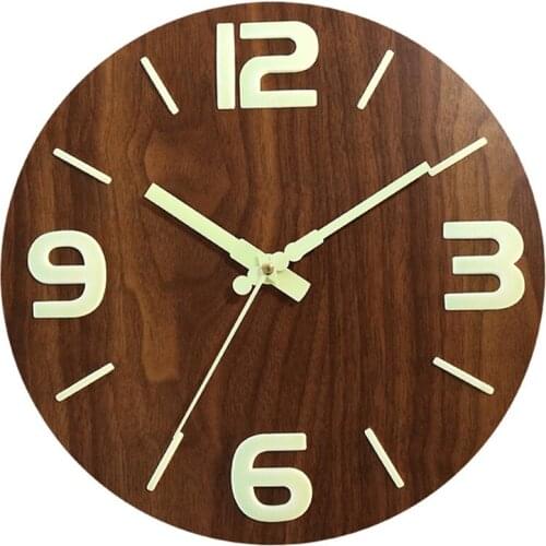 New 12 Inch Night Light Function Round Wall Clock Vintage Rustic Country Style for Kitchen Bedroom Office Home Silent