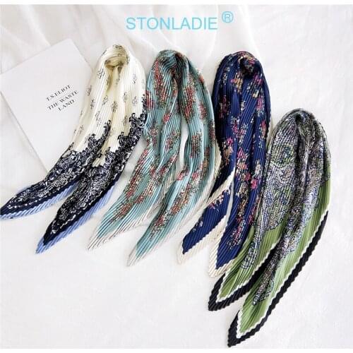 Spring New Designer Pleated Satin Silk Scarf For Women Euro Elegant Neckerchief Fashionable Printing Kerchief Tie Ladies Scarf