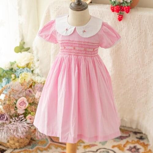 2020summer New Arrivals European Girls Vintage Handmade Smocking Cotton Embroidered Dress 110-150cm Kids Dresses for Girls