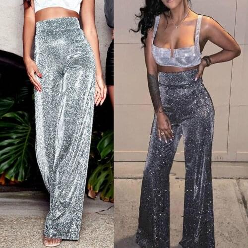 Womens Pants Silver Flash Zipper Home High-waist Broad-legged Pants Straight Loose Comfortable Fashionable and Elegant Trousers