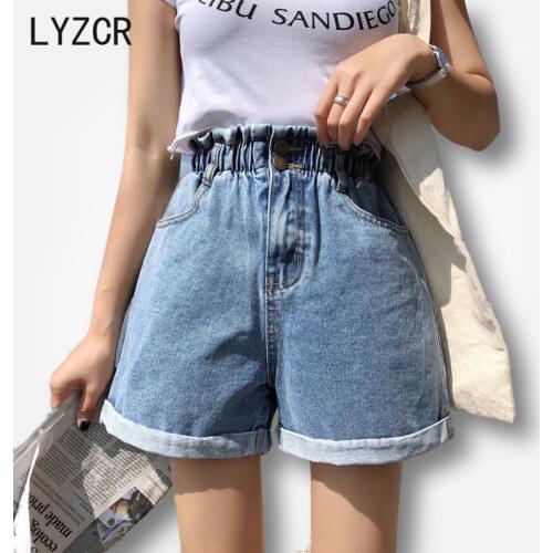 LYZCR Womens Summer Shorts Jeans For Women Loose High Waist Denim Shorts Women Elastic Waist Wide Leg Ladies Jeans Short Female