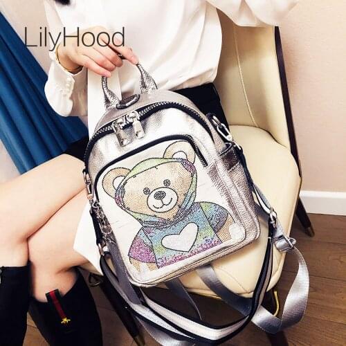 Women Metallic Vegan Leather Cute Bear Pattern Backpack Female Casual Japan Korean Fashion Travel School Book Black Knapsack Bag
