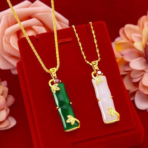 24k Gold Plated Fashion Necklace Single Pendant Bamboo-shape Stone Green Emerald Jade Gemstone Womens Birthday Gift Jewelry