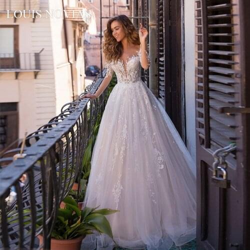 Louis Novias New Wedding Dress 2020 Vestidos De Novia Simple White Long Sleeve Lace Applique V-neck Bridal Dream Princess