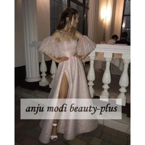 2021 Elegant Long Glitter Prom Dresses Strapless Half Puffy Sleeves High Split Formal Evening Party Ball Gown Robe De Soiree