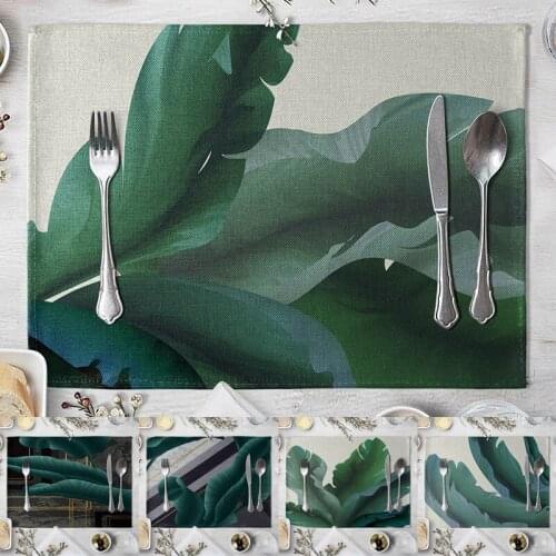 1PC Table Mat Large Green Leaf Pattern Cotton Linen Pad Bowl Cup Placemat Kitchen Supplies Western Meal Mat Home Decor