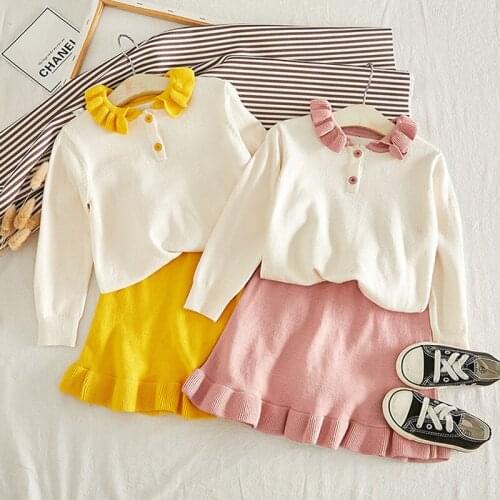 2020 Autumn New Girls Knitted Clothes Suit Fungus Collar Sweater + Cute Skirt Two-piece Simple Princess Suit Kids Girl Clothing