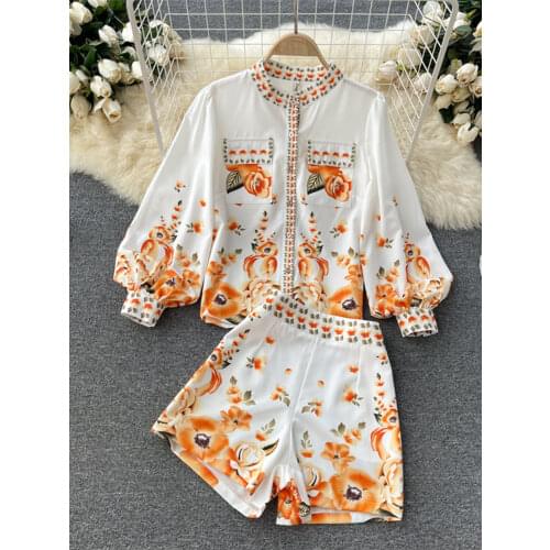 2021 Summer Rumway Floral Print Golden Shorts Set Women Long Lantern Sleeve Pocket Blouse and High Waist Shorts 2 Pieces Suit
