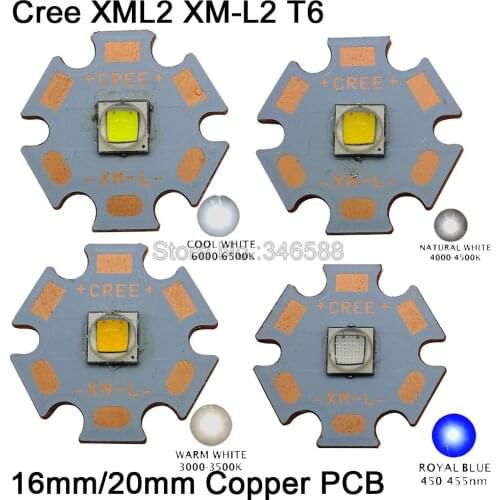 2x CREE XML2 XM-L2 L2 10W Warm White Neutral White Cool White 450nm High Power LED Emitter Lamp Light with 16mm 20mm Copper PCB