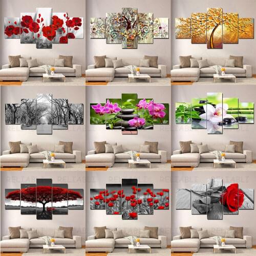 5 Panels Abstract Red Tree Flowers Oil Paintings Print On Canvas Posters And Prints Landscape Wall Art Pictures Home Decor