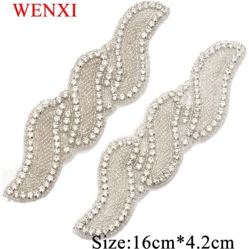 WENXI 50PCS Wholesale Clear Sliver Crystal Bride Gown Sash Rhinestone Applique Patch For Wedding Dresses Belt WX917