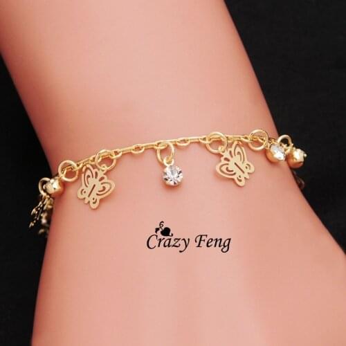Free shipping Crazy Feng Brand New Gold Color Charms Bracelets Anklets Girl butterfly Dangle Austrian Crystal Women Jewelry