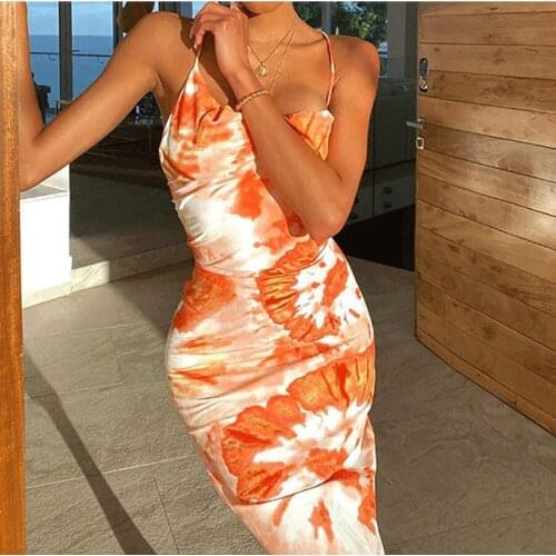 BoozRay Tie Dye Fashion Print Sexy Backless Lace Up Midi Sleeveless Dresses Holiday Party Club Spaghetti Strap Sundress