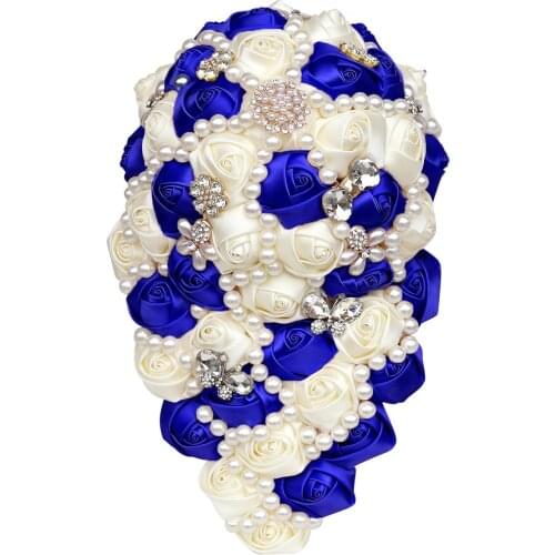 Water Fall Long Diamond Brooch Bouquets For Bride And Bridesmaids in Shinning Gold Crystal Gold Beads Silk RoseW336