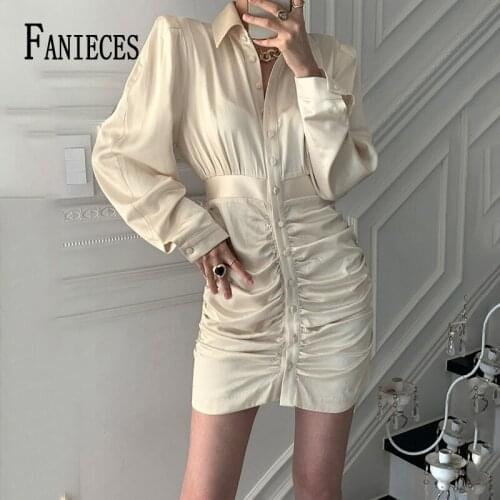 FANIECES Ruched Lapel Single Breasted Skinny Mini Dresses Women Autumn Long Sleeve Wrap Satin Dress Elegant Party Slim Vestidos