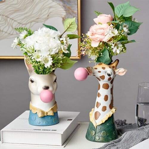 Resin Cartoon Animal Head Vase Flower Pot Bubble Gum Zebra Giraffe Panda Deer Bunny Bear Animal Creative Crafts Decoration