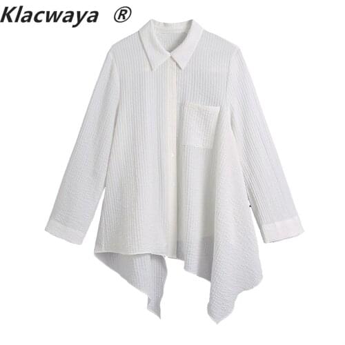 Klacwaya Women 2021 Fashion With Pockets Asymmetry Textured Blouses Vintage Long Sleeve Button-up Female Shirts Chic Tops