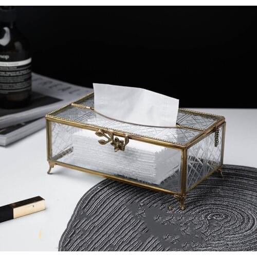 Cellophane Tissue Box Creative Household Storage Removable Tissue Box Living Room Decoration Retro Copper Strip Edge Tissue Box