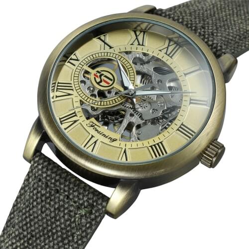 FORSINING Mechanical Automatic Skeleton Watch Men Steampunk Wrist Watch Hand Wind Bronze Antique Leather Clock Mens Wristwatches