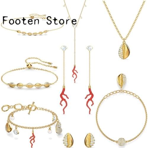 SWA Fine Fashion Ladies Jewelry Red Coral Shell Series Jewelry Set Women Earrings Necklaces and Bracelets Romantic Jewelry Gift