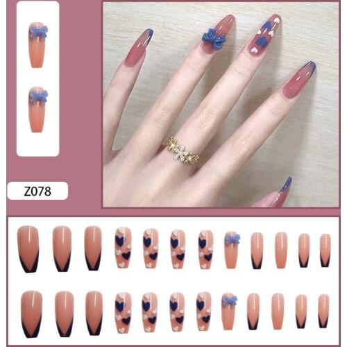 24Pcs Love Heart Printed False Nails 3D Bow Designs DIY Slider Flat Shape Tips Natural Full Cover Fake Nail Tips Manicure Tools