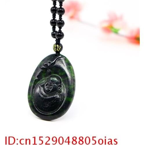 Obsidian Green Jewellery Chinese Pendant Maitreya Gifts Jade Black Amulet Buddha Necklace Fashion Charm Natural Carved