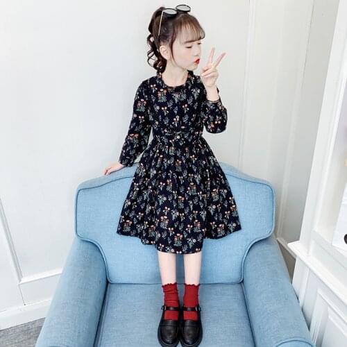 Girls spring autumn blue floral dress long sleeve wedding party dress kids fashion cotton flower dresses for girls age 3 to 12
