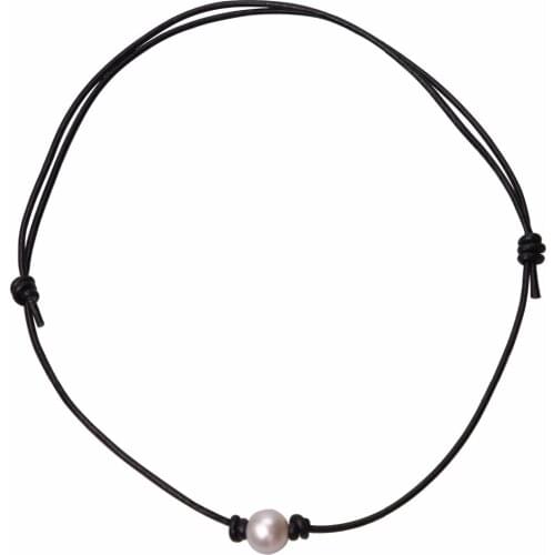 Ambrum Single One Pearl Leather Choker Necklace Women Freshwater Cultured Pearls Jewelry for Girls Handmade Pearls Choker Adjust