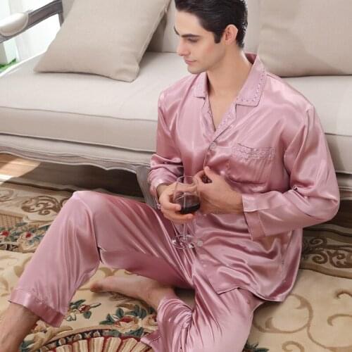 Mens Silk Sleepwear Adult Silk Homewear Male Long Sleeve Silk Trousers Lapel High-end Comfortable Nightwear 2pcs D-2161