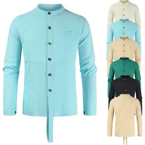 2021 Spring & Autumn New Simple Solid Plus Size Stretch Stand-up Collar Casual Men Cotton Linen Long Sleeved Shirt Free Shipping