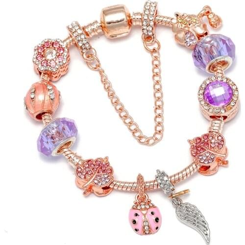 Seialoy 2020 New Rose Gold Lucky Ladybug Charms Bracelets For Women Original Crystal Leaf Beaded Bracelet Fine Jewelry Gift