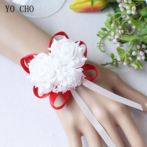YO CHO Wedding Decor Mariage Roses Wrist Corsages Hand Flowers Silk Lace PE Foam Artificial Brides Bridesmaid Wrist Flowers Xmas