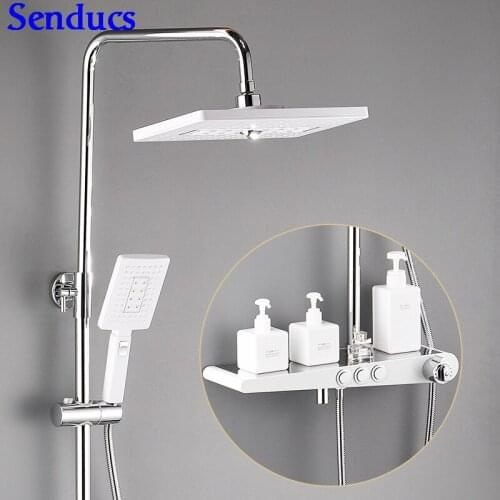 Senducs White Thermostatic Shower Set Quality Brass Bathroom Shower System Stainless Steel Shower Shose White Bath Shower Set