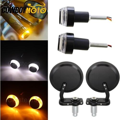 Motorcycle Bike 22mm 7/8" Handlebar End Mirrors Rearview Side Mirror Turn Signals Bar End Grips Plug Universal Cafe Racer Mirror