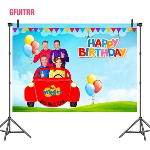 GFUITRR Wiggles Birthday Party Photo Backdrops Balloon Flag Big Red Car Photography Backgrounds Photo Booth Props Vinyl