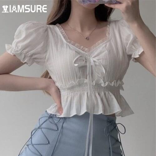 IAMSURE Solid Ruffles Crop Top Vintage Puff Sleeve V-Neck T Shirt Women 2021 Fashionj Casual Streetwear Tees Elegant Ladies 90S