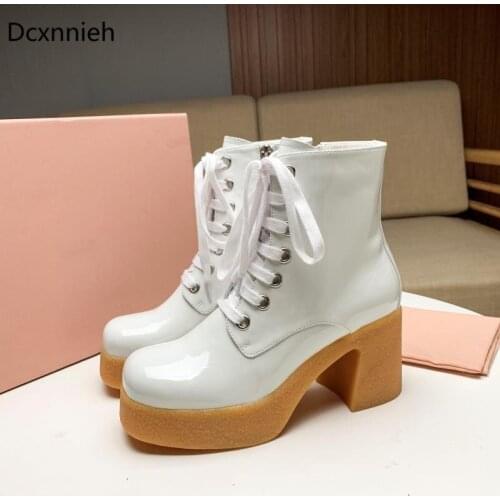 Autumn Runway Chunky High Heels Ankle Boots Women Patent Leather Lace Up Round Toe Short Boots Woman Designer Platform Shoes