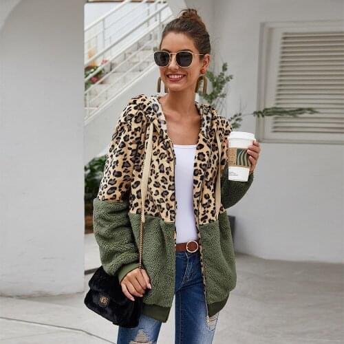 Women Fleece Hoodie Sweatshirts C Winter Patchwork Fashion Oversize Ladies Pullovers Leopard Loose Warm Pocket Hooded Jacket