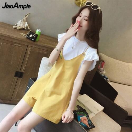 Womens Korean Sweet Summer Two Pieces Clothing Set 2021 New Girls Student Leisure Loose T Shirt Overalls Shorts Lady Streetwear