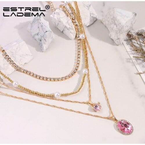 MultiLayer Pink Rhinestone Heart Pendant Necklace For Women Girls Fashion Golden Beads Pearls Chain Necklaces Party Jewelry Gift
