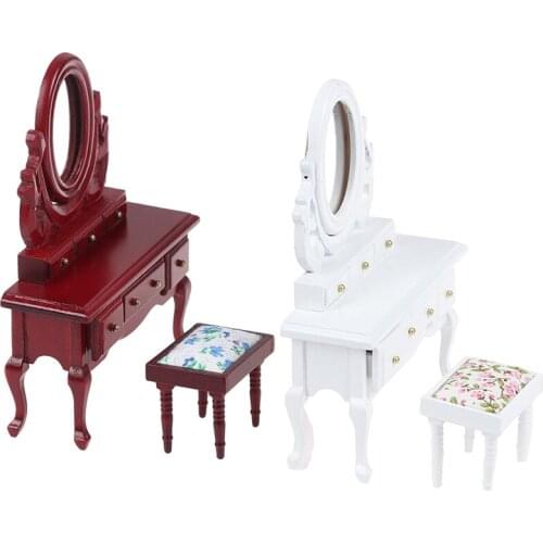 1 set 1:12 scale Dollhouse Furniture Toys Wood Dresser Stool Set for Doll House Bedroom Decor