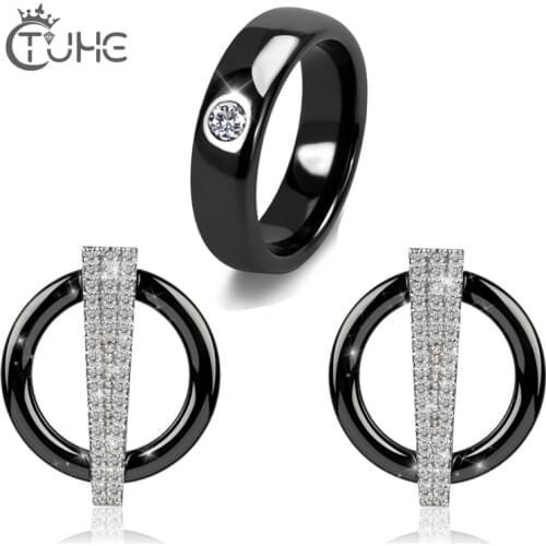 2018 Trendy Healthy Ceramic Jewelry Set For Women CZ Stone Black White Ceramic Rings Stud Ear Earrings LOVE Anniversary Gift