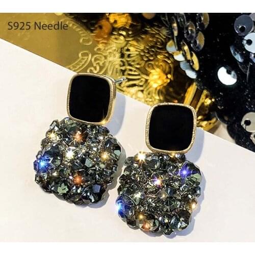 925 Sterling Silver Needle Stud Earrings for Women Jewelry Aquare Black Rhingstone Personality Vintage Female Earrings