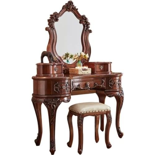 American Solid Wood Carved Dressing Table European Style Dressing Table with Mirror Bedroom Furniture Curved Storage Cabinet