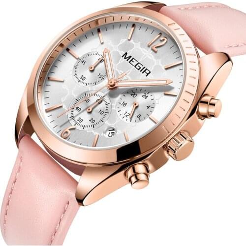 Megir Top Brand Women Leather Quartz Watches Chronograph Clock 24 Hours Waterproof Wristwatch Lady Girl Relogios Femininos Pink