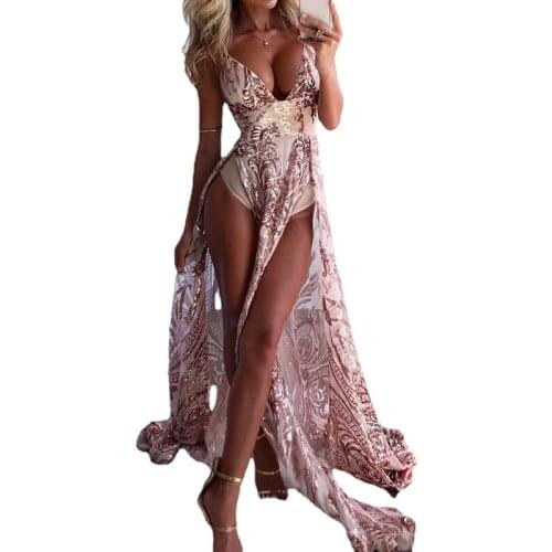 V Neck Sleeveless Split Front Red Champagne Sequined Embroidery Long Evening Party Maxi Dress