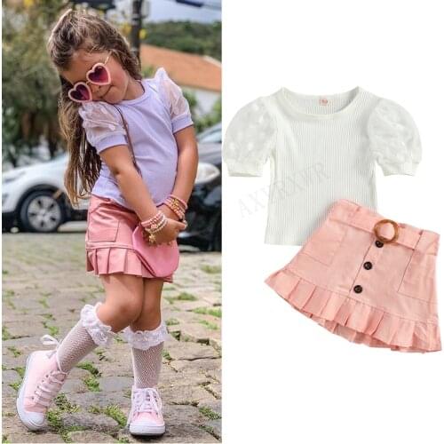 2-6Years Fashion Toddler Kids Girls Clothes Summer Children Girls Mesh Dots Print Puff Sleeve T-shirts+Ruffles A-line Skirts