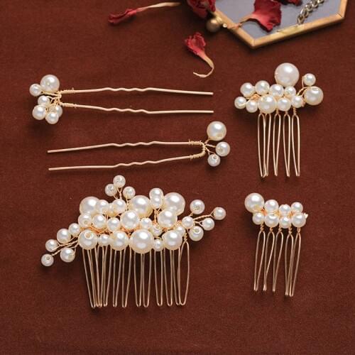 Quality Jewelry Set Brides Headdress Hair Combs Beaded Pearl Forks Handmade Golden Plated Jewelry Comb Hair Ornaments Elegant