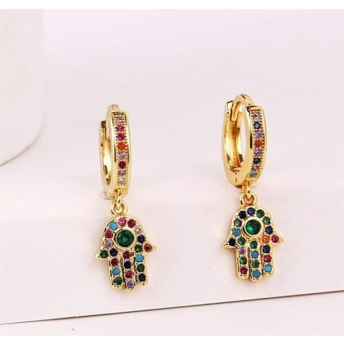 Fashion Multicolor CZ Cubic Zirconia Hamsa Hand Hoop Earrings For Women Ethnic Style Gold Color Copper Metal Hanging Earring