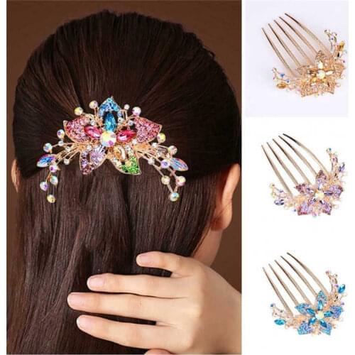 Fashion Headwear Multicolored Hair Comb Elegant Women Flower Hairpin Comb Inlaid Rhinestone Hair Accessory